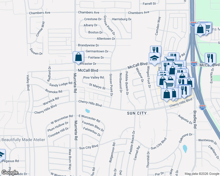 map of restaurants, bars, coffee shops, grocery stores, and more near 26296 Saint Marys Street in Menifee