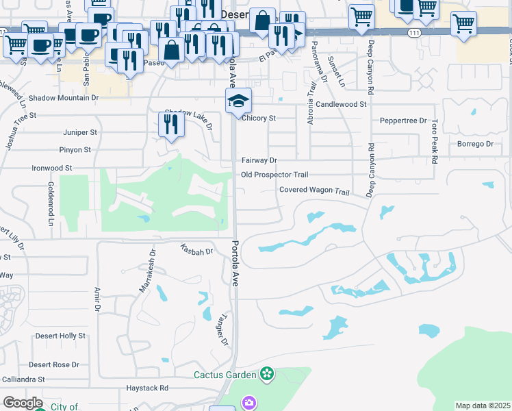 map of restaurants, bars, coffee shops, grocery stores, and more near 74090 Setting Sun Trail in Palm Desert