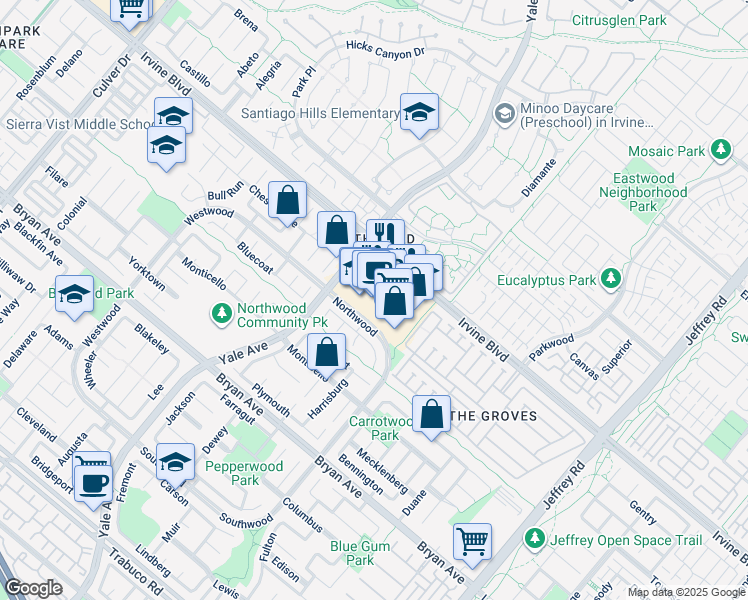 map of restaurants, bars, coffee shops, grocery stores, and more near 4840 Irvine Boulevard in Irvine
