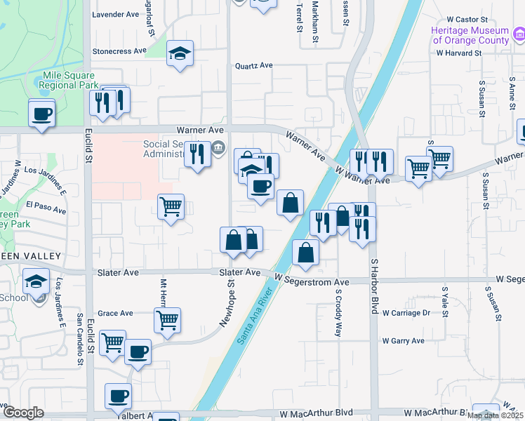 map of restaurants, bars, coffee shops, grocery stores, and more near 17300 Newhope Street in Fountain Valley