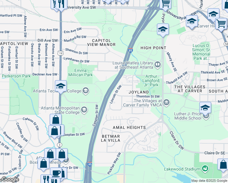 map of restaurants, bars, coffee shops, grocery stores, and more near 353 Lincoln Street Southwest in Atlanta