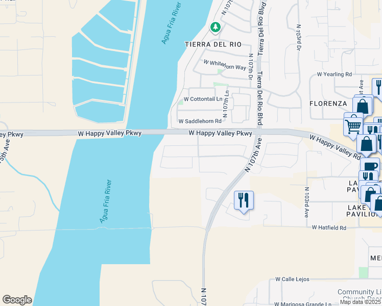 map of restaurants, bars, coffee shops, grocery stores, and more near 10825 West Bronco Trail in Peoria