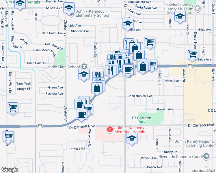 map of restaurants, bars, coffee shops, grocery stores, and more near 81899 California 111 in Indio