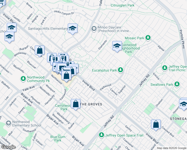 map of restaurants, bars, coffee shops, grocery stores, and more near 124 Rotunda in Irvine