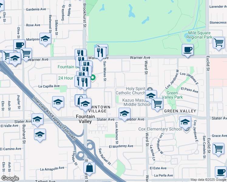 map of restaurants, bars, coffee shops, grocery stores, and more near 10197 Pike Avenue in Fountain Valley