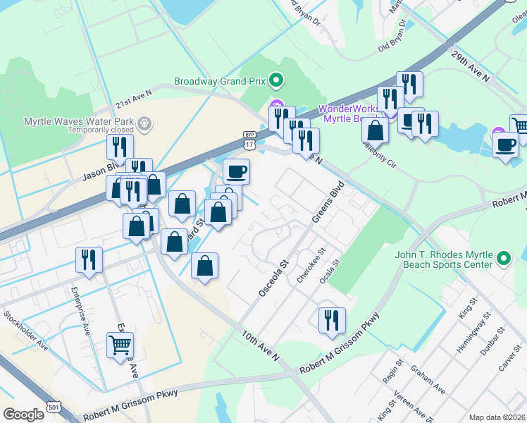map of restaurants, bars, coffee shops, grocery stores, and more near 517 38th ave in Myrtle Beach