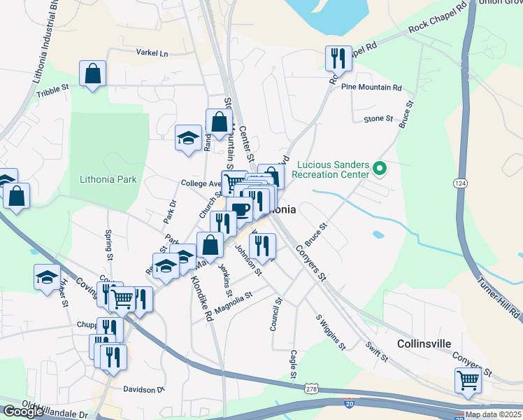 map of restaurants, bars, coffee shops, grocery stores, and more near 2524 Hollingsworth Street in Lithonia