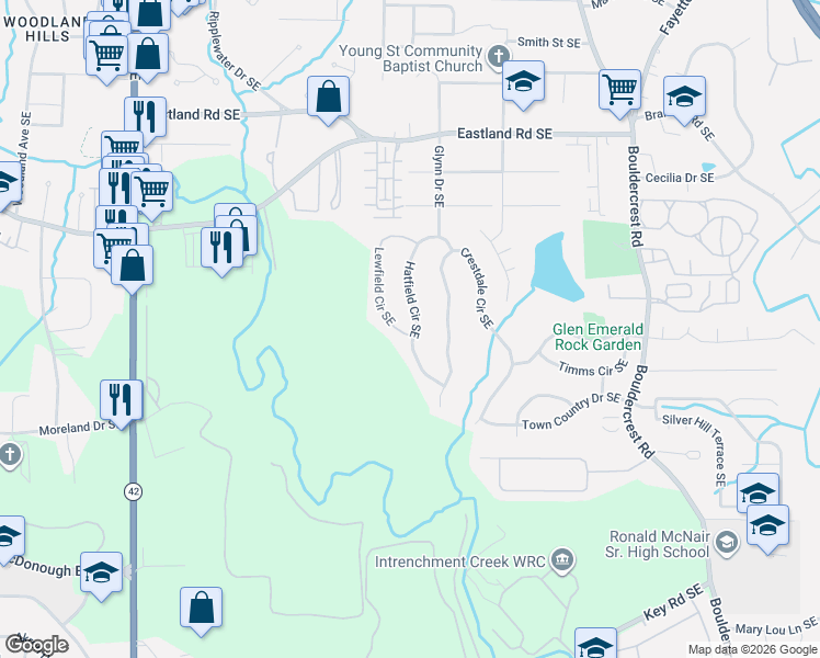 map of restaurants, bars, coffee shops, grocery stores, and more near 2608 Lewfield Circle Southeast in Atlanta