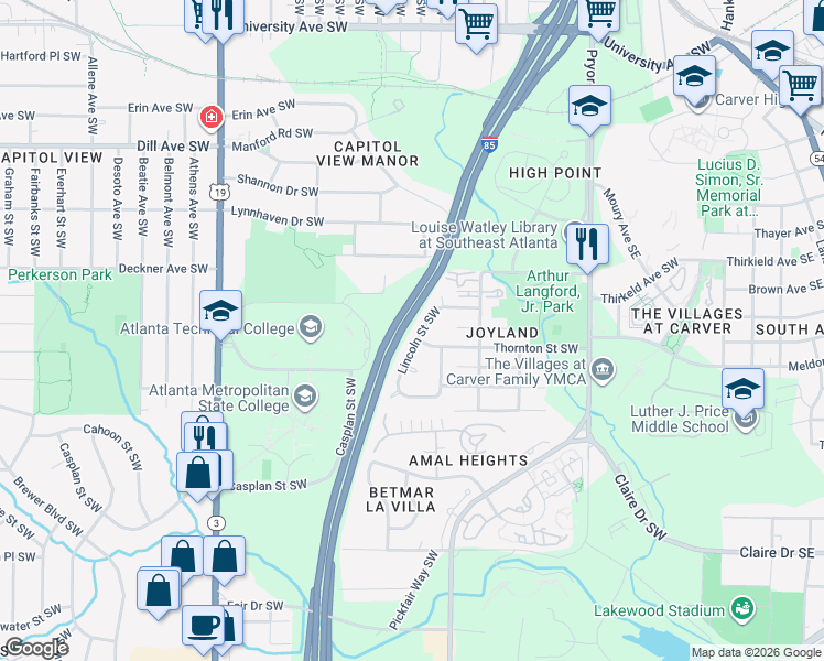 map of restaurants, bars, coffee shops, grocery stores, and more near 353 Lincoln Street Southwest in Atlanta