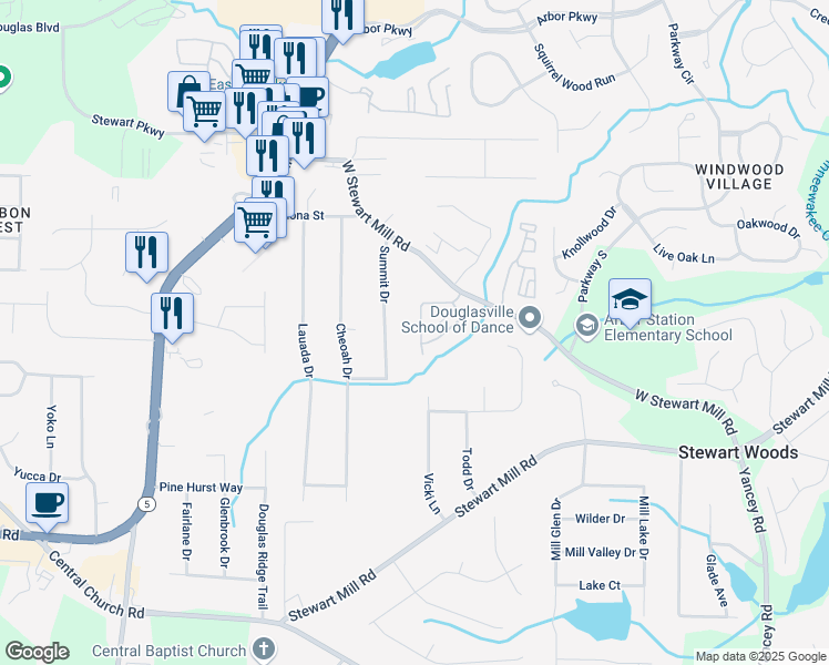 map of restaurants, bars, coffee shops, grocery stores, and more near 5880 Garden Circle in Douglasville