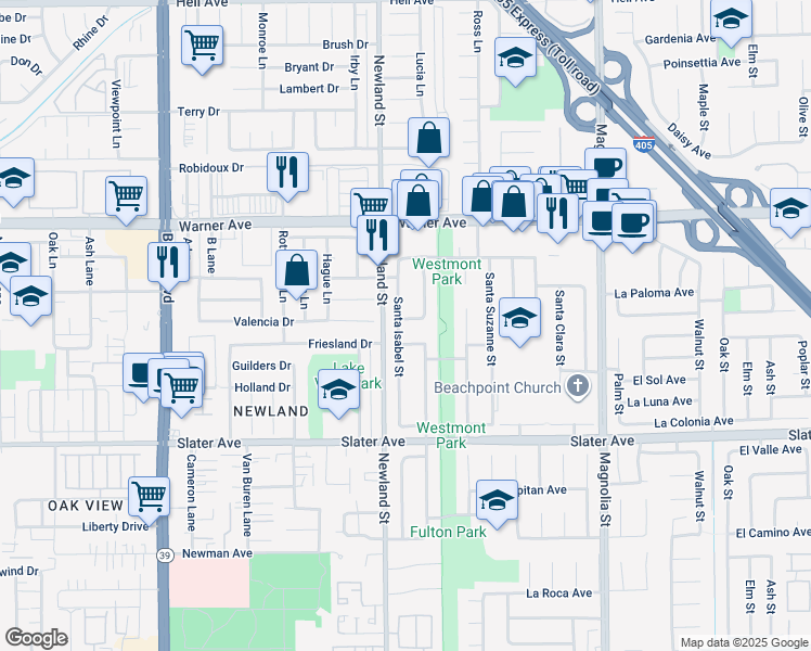 map of restaurants, bars, coffee shops, grocery stores, and more near 8542 La Casita Avenue in Fountain Valley