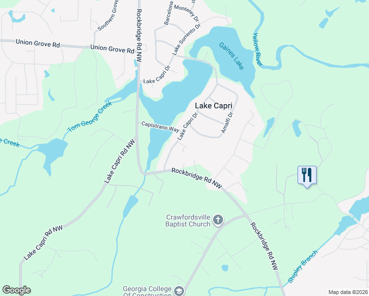 map of restaurants, bars, coffee shops, grocery stores, and more near 2063 Adriatic Drive Northwest in Conyers