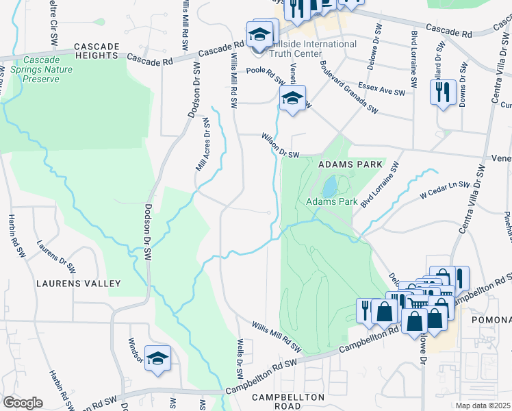 map of restaurants, bars, coffee shops, grocery stores, and more near 1676 Mill Acres Drive Southwest in Atlanta