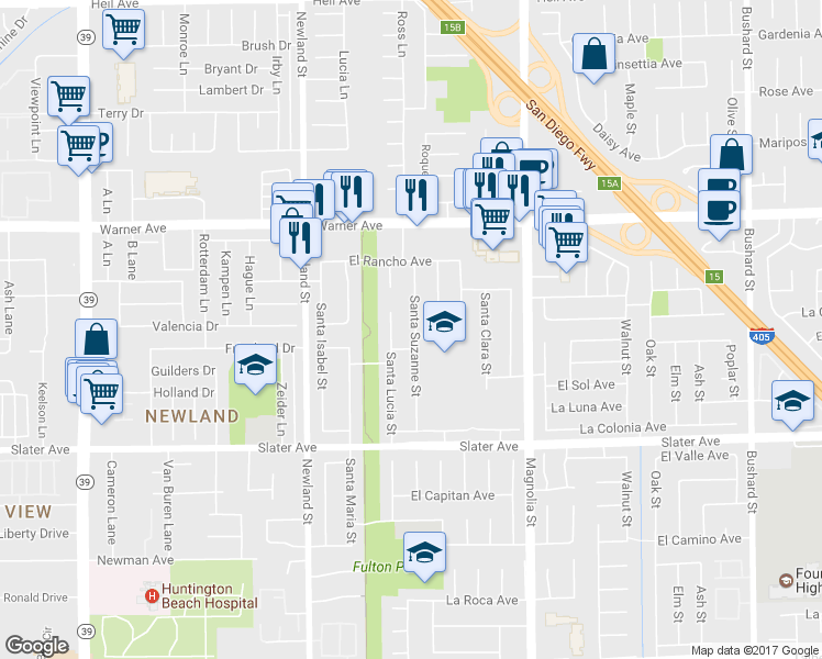 map of restaurants, bars, coffee shops, grocery stores, and more near 17239 Santa Suzanne Street in Fountain Valley