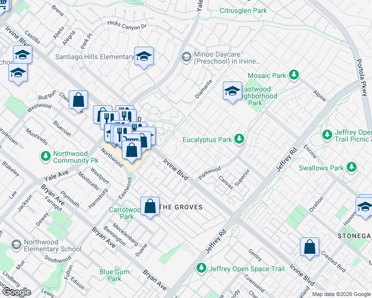map of restaurants, bars, coffee shops, grocery stores, and more near 124 Rotunda in Irvine