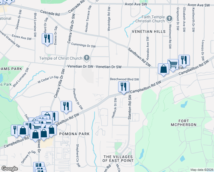 map of restaurants, bars, coffee shops, grocery stores, and more near 1581 Willowbrook Drive Southwest in Atlanta