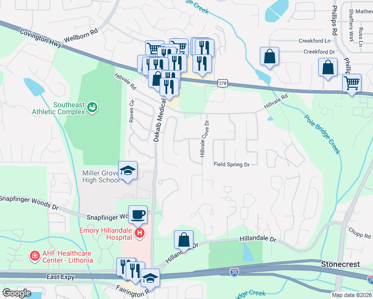 map of restaurants, bars, coffee shops, grocery stores, and more near 2806 Hillvale Cove Way in Lithonia