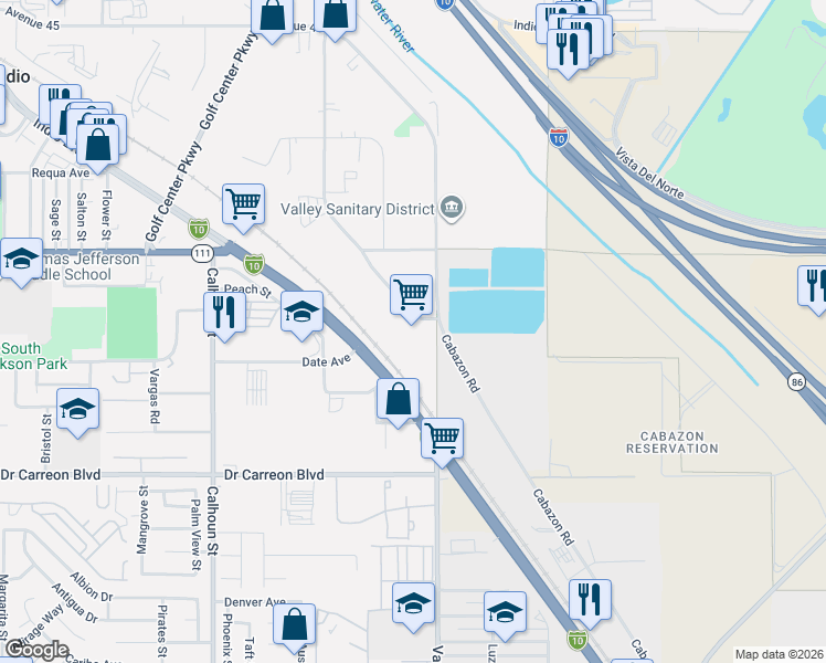 map of restaurants, bars, coffee shops, grocery stores, and more near 46341 Commerce Street in Indio