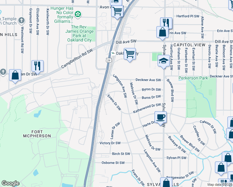 map of restaurants, bars, coffee shops, grocery stores, and more near 1594 Hood Drive Southwest in Atlanta