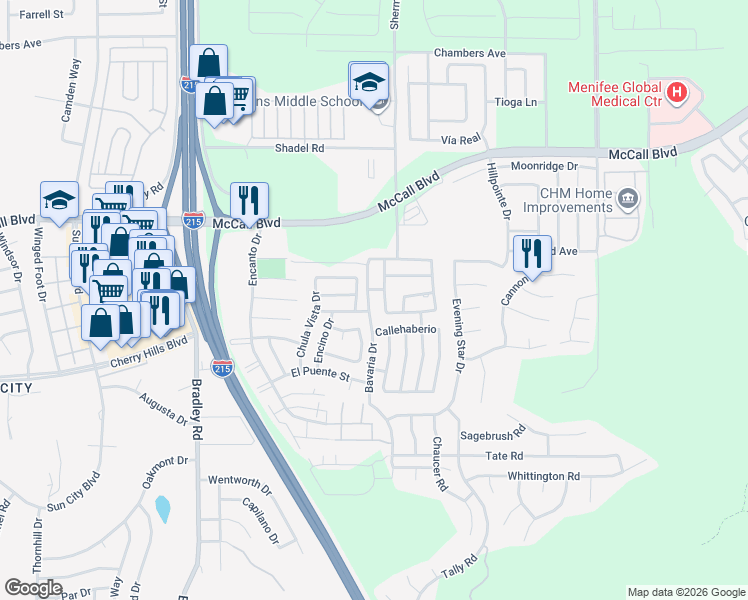 map of restaurants, bars, coffee shops, grocery stores, and more near 28116 Gardena Drive in Menifee