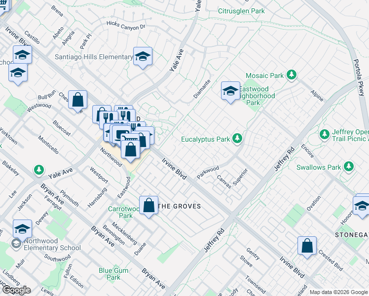map of restaurants, bars, coffee shops, grocery stores, and more near 128 Hargrove in Irvine