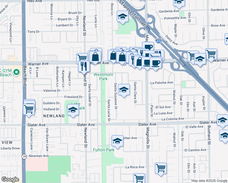 map of restaurants, bars, coffee shops, grocery stores, and more near 17239 Santa Suzanne Street in Fountain Valley