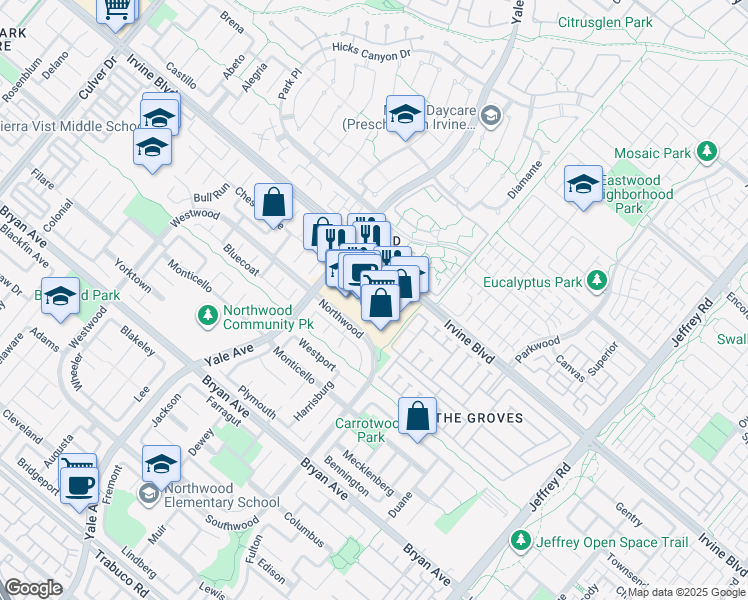 map of restaurants, bars, coffee shops, grocery stores, and more near 4840 Irvine Boulevard in Irvine