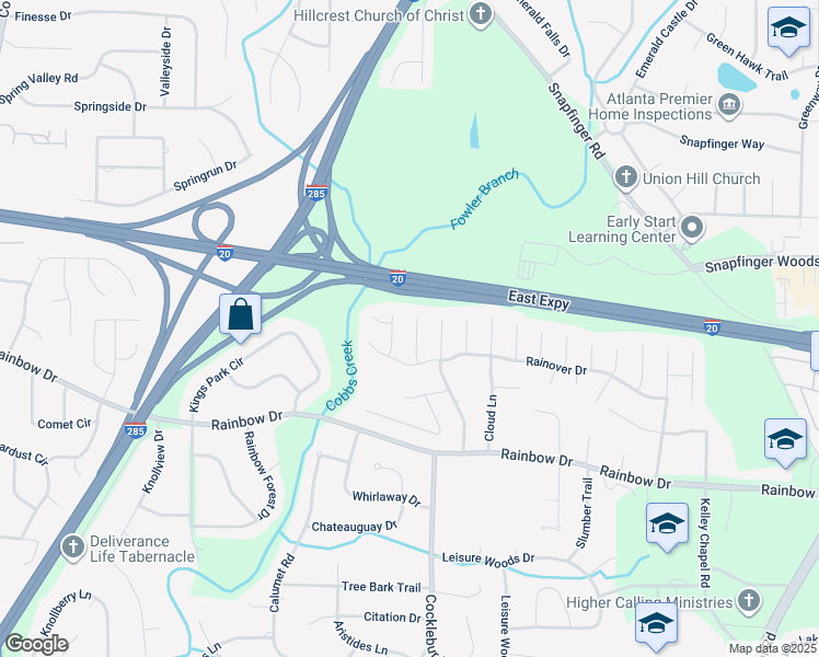 map of restaurants, bars, coffee shops, grocery stores, and more near 2557 Rainmaker Drive in Decatur