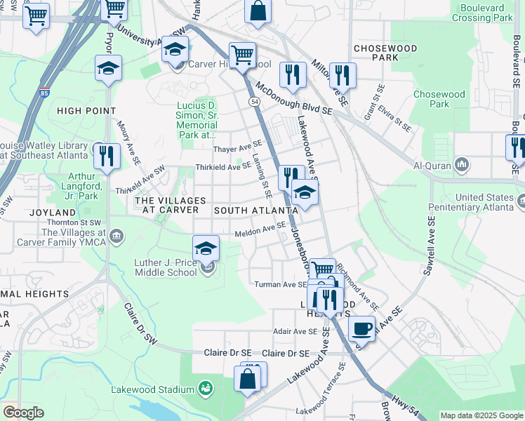 map of restaurants, bars, coffee shops, grocery stores, and more near 37 Park Avenue Southeast in Atlanta
