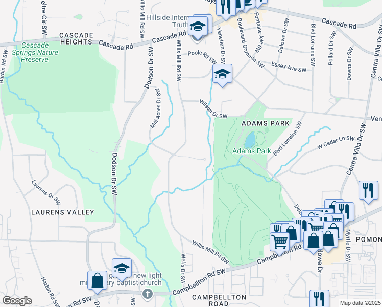 map of restaurants, bars, coffee shops, grocery stores, and more near 1676 Mill Acres Drive Southwest in Atlanta