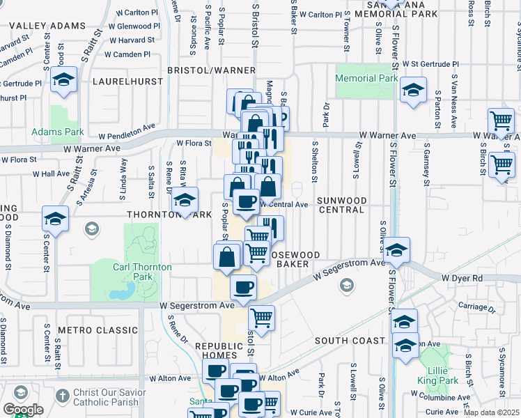 map of restaurants, bars, coffee shops, grocery stores, and more near 2603 South Bristol Street in Santa Ana