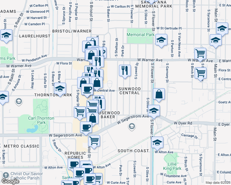 map of restaurants, bars, coffee shops, grocery stores, and more near 2502 South Shelton Street in Santa Ana