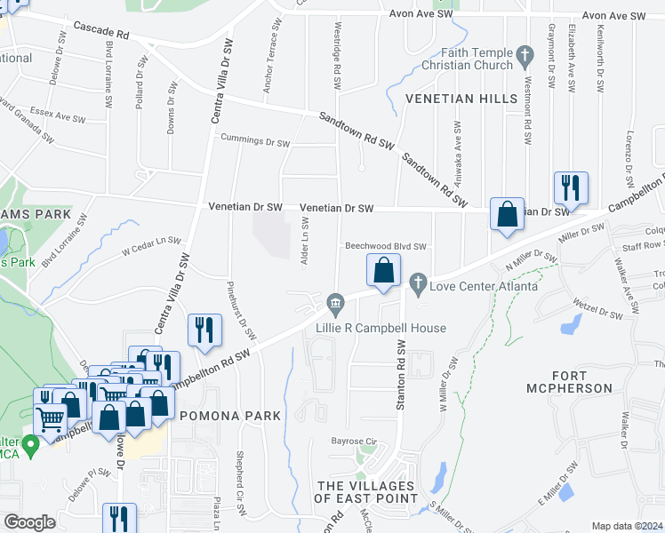 map of restaurants, bars, coffee shops, grocery stores, and more near 1587 Willowbrook Drive Southwest in Atlanta
