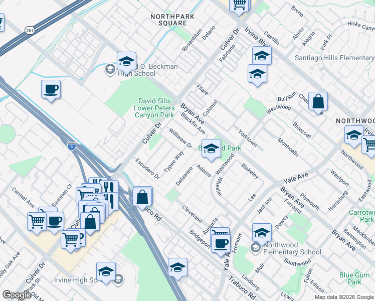 map of restaurants, bars, coffee shops, grocery stores, and more near 13652 Typee Way in Irvine