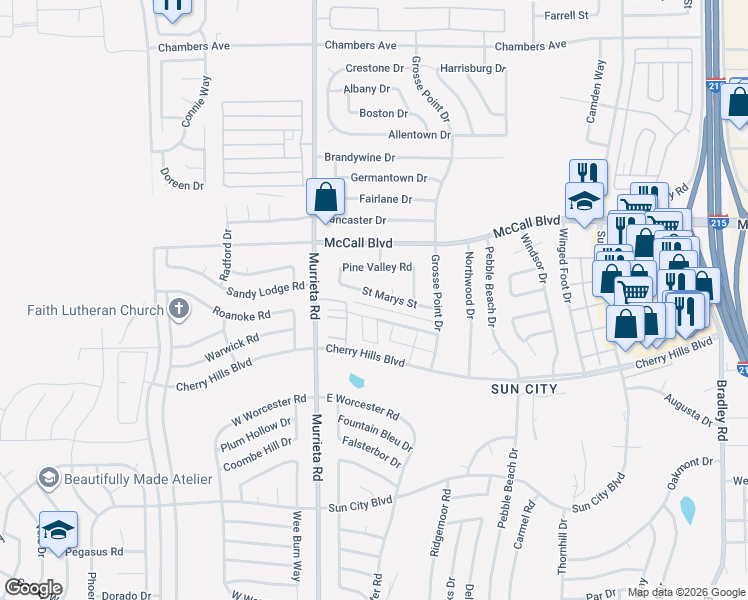 map of restaurants, bars, coffee shops, grocery stores, and more near 26121 Saint Marys Street in Menifee