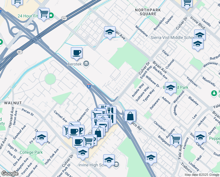 map of restaurants, bars, coffee shops, grocery stores, and more near 64 Trailing Vine in Irvine