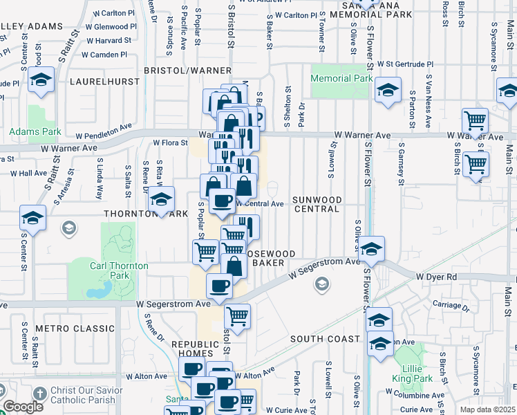 map of restaurants, bars, coffee shops, grocery stores, and more near 2502 South Baker Street in Santa Ana