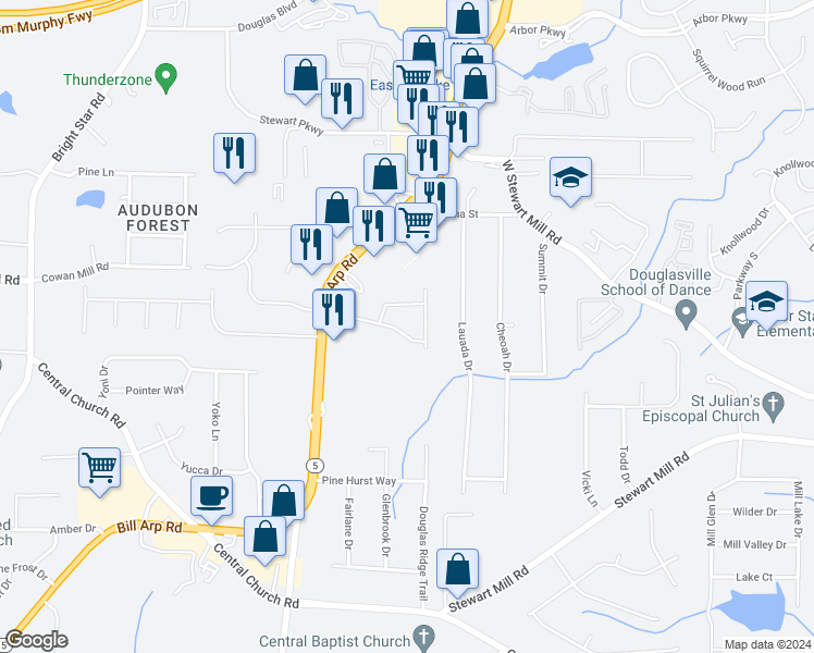 map of restaurants, bars, coffee shops, grocery stores, and more near 5846 Tonya Lane in Douglasville