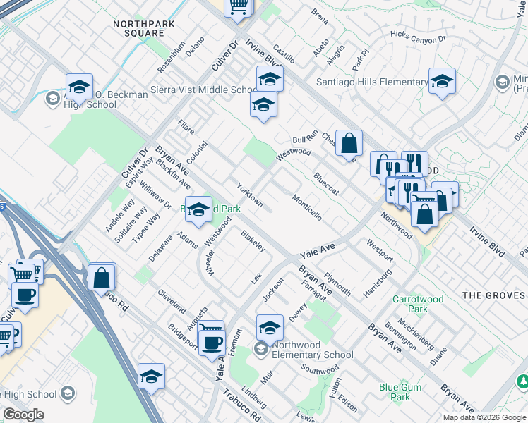 map of restaurants, bars, coffee shops, grocery stores, and more near 26 Yorktown in Irvine