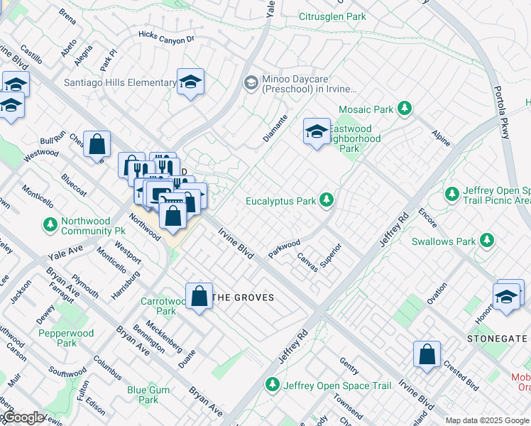 map of restaurants, bars, coffee shops, grocery stores, and more near 124 Rotunda in Irvine