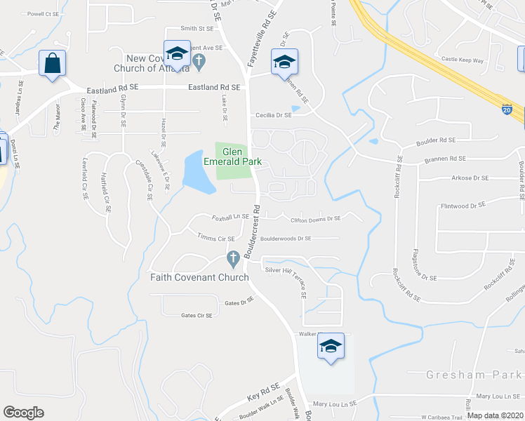 map of restaurants, bars, coffee shops, grocery stores, and more near 2605 Foxhall Lane Southeast in Atlanta