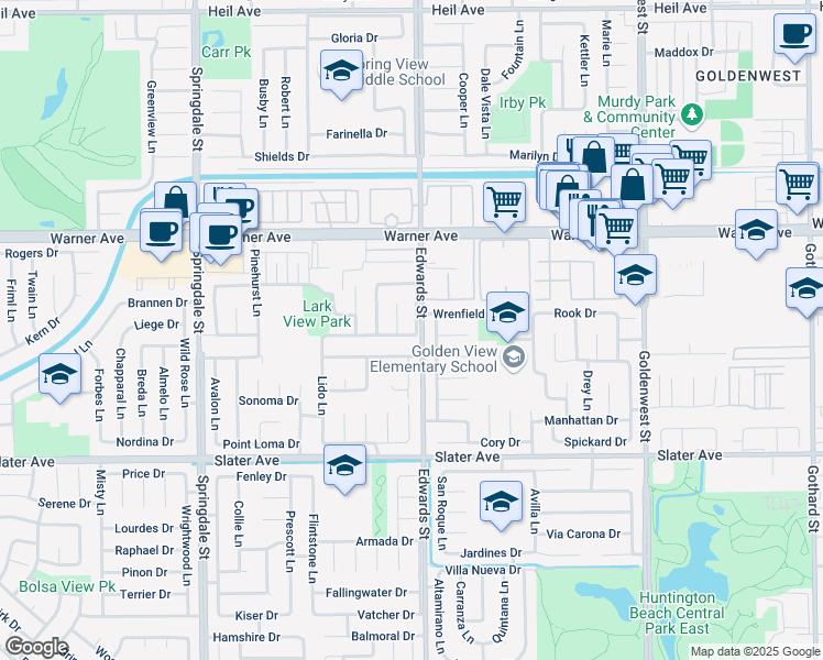 map of restaurants, bars, coffee shops, grocery stores, and more near 17191 Freeborn Drive in Huntington Beach