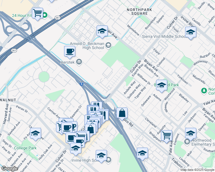 map of restaurants, bars, coffee shops, grocery stores, and more near 36 League in Irvine