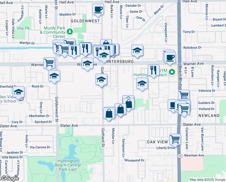 map of restaurants, bars, coffee shops, grocery stores, and more near 7422 Cedar Drive in Huntington Beach