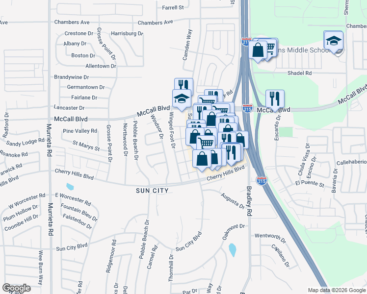 map of restaurants, bars, coffee shops, grocery stores, and more near 27211 Sun City Boulevard in Menifee