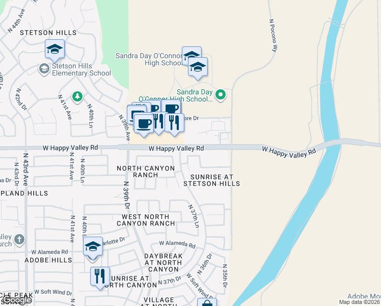map of restaurants, bars, coffee shops, grocery stores, and more near 3624 West Villa Linda Drive in Glendale