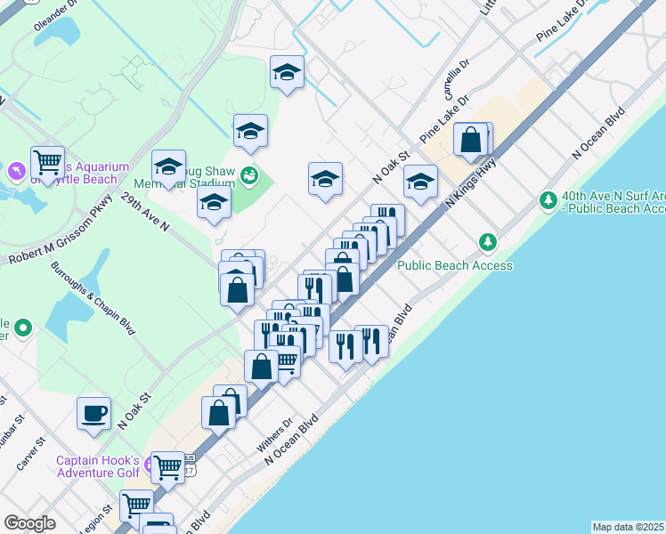map of restaurants, bars, coffee shops, grocery stores, and more near 510 32nd Avenue North in Myrtle Beach