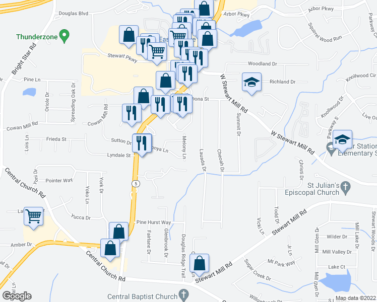 map of restaurants, bars, coffee shops, grocery stores, and more near 3428 Melony Lane in Douglasville