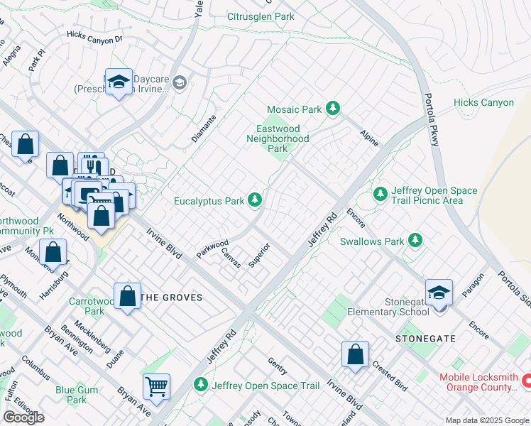 map of restaurants, bars, coffee shops, grocery stores, and more near 66 Parkwood in Irvine