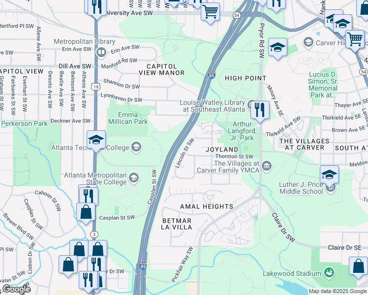 map of restaurants, bars, coffee shops, grocery stores, and more near 353 Lincoln Street Southwest in Atlanta